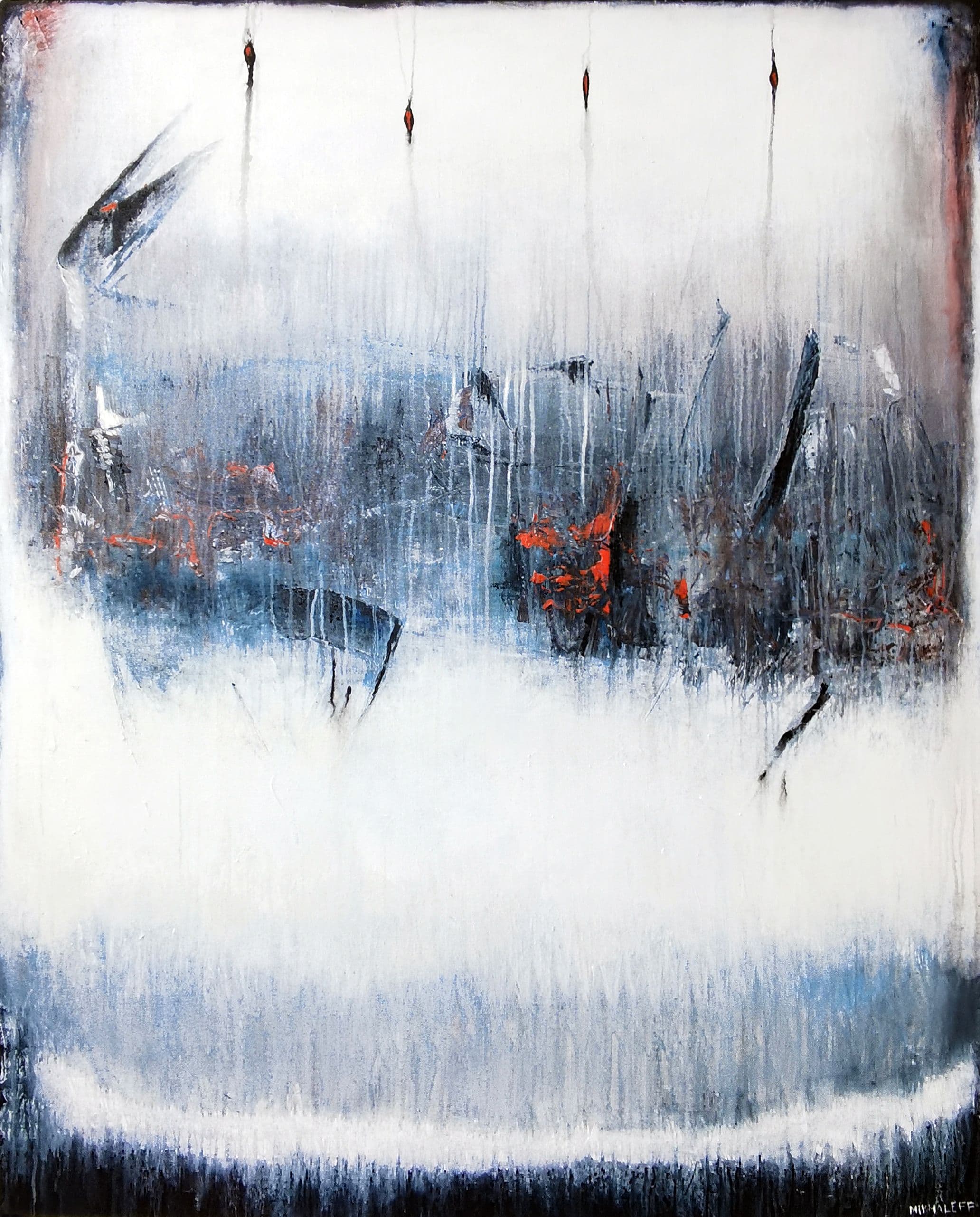 Abstract painting in charcoal, ivory and rust red