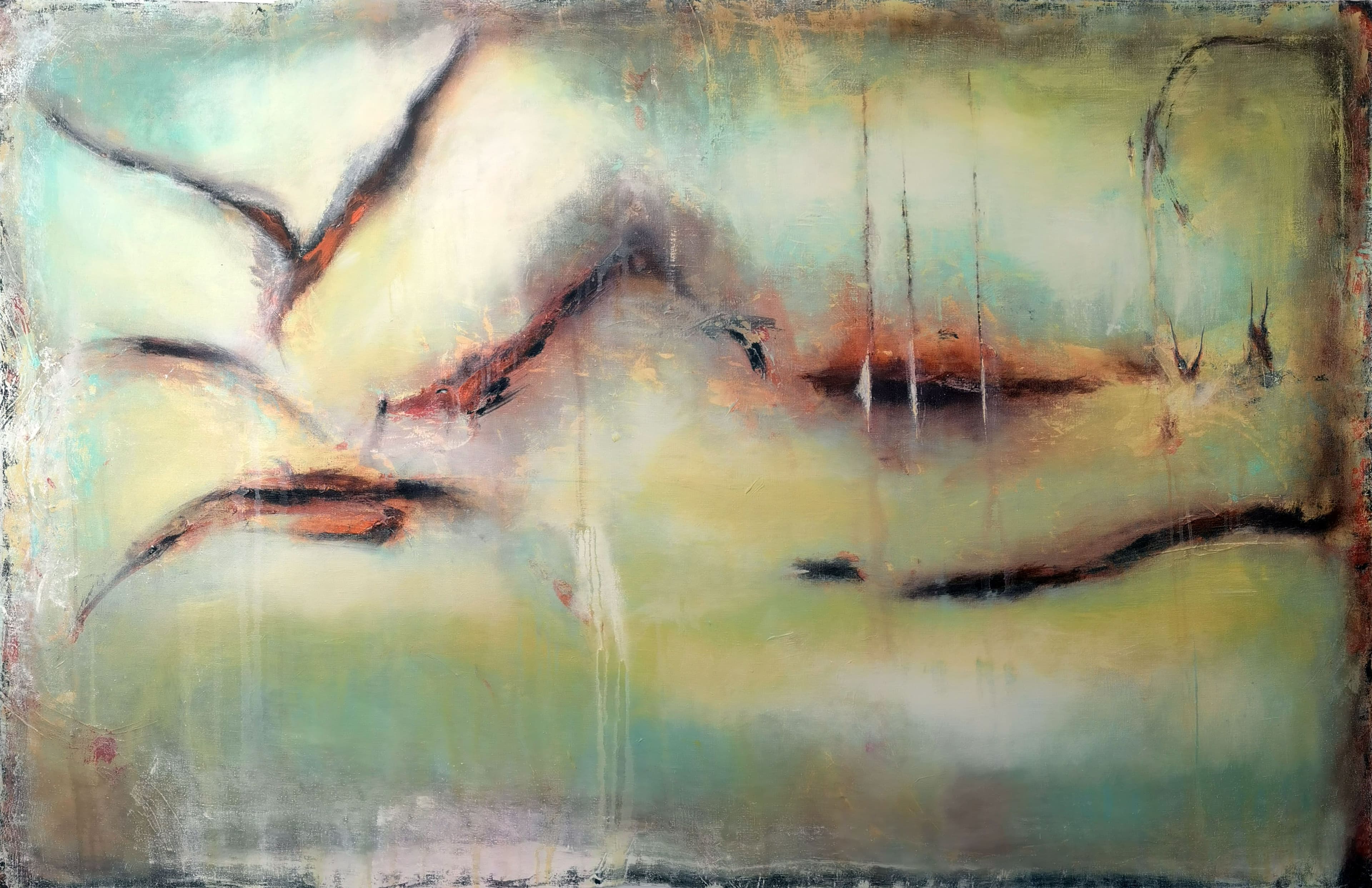 Abstract painting in charcoal, ivory and rust red