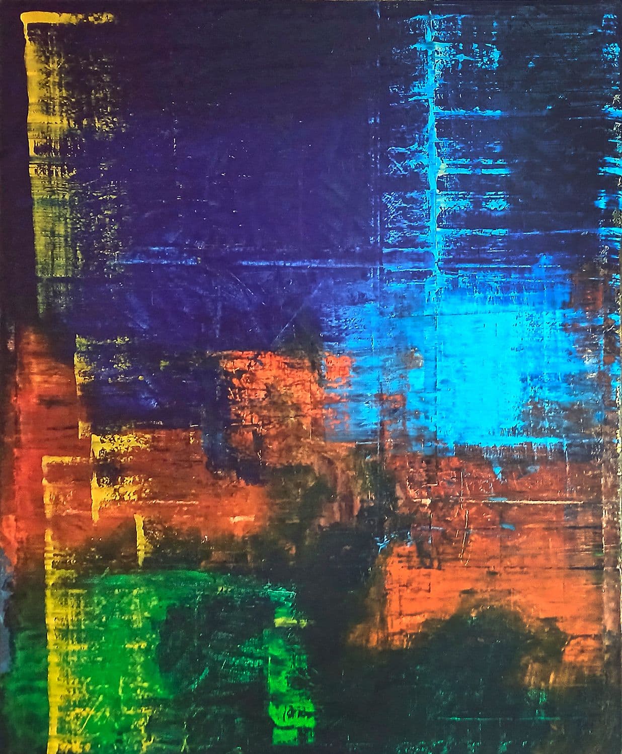 Vertical abstract work with black and rust gestures