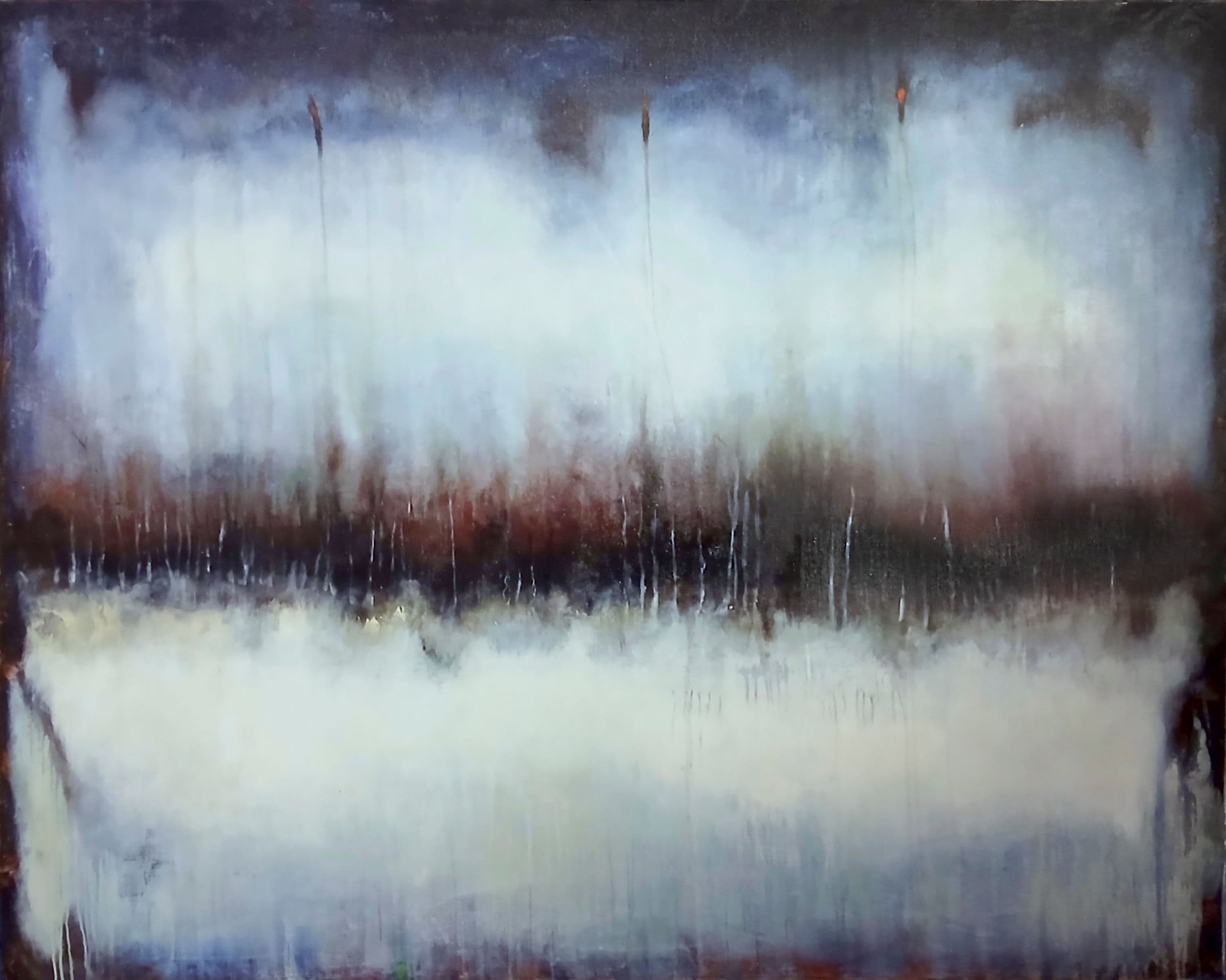 Ivory abstract painting with rust and graphite gestures