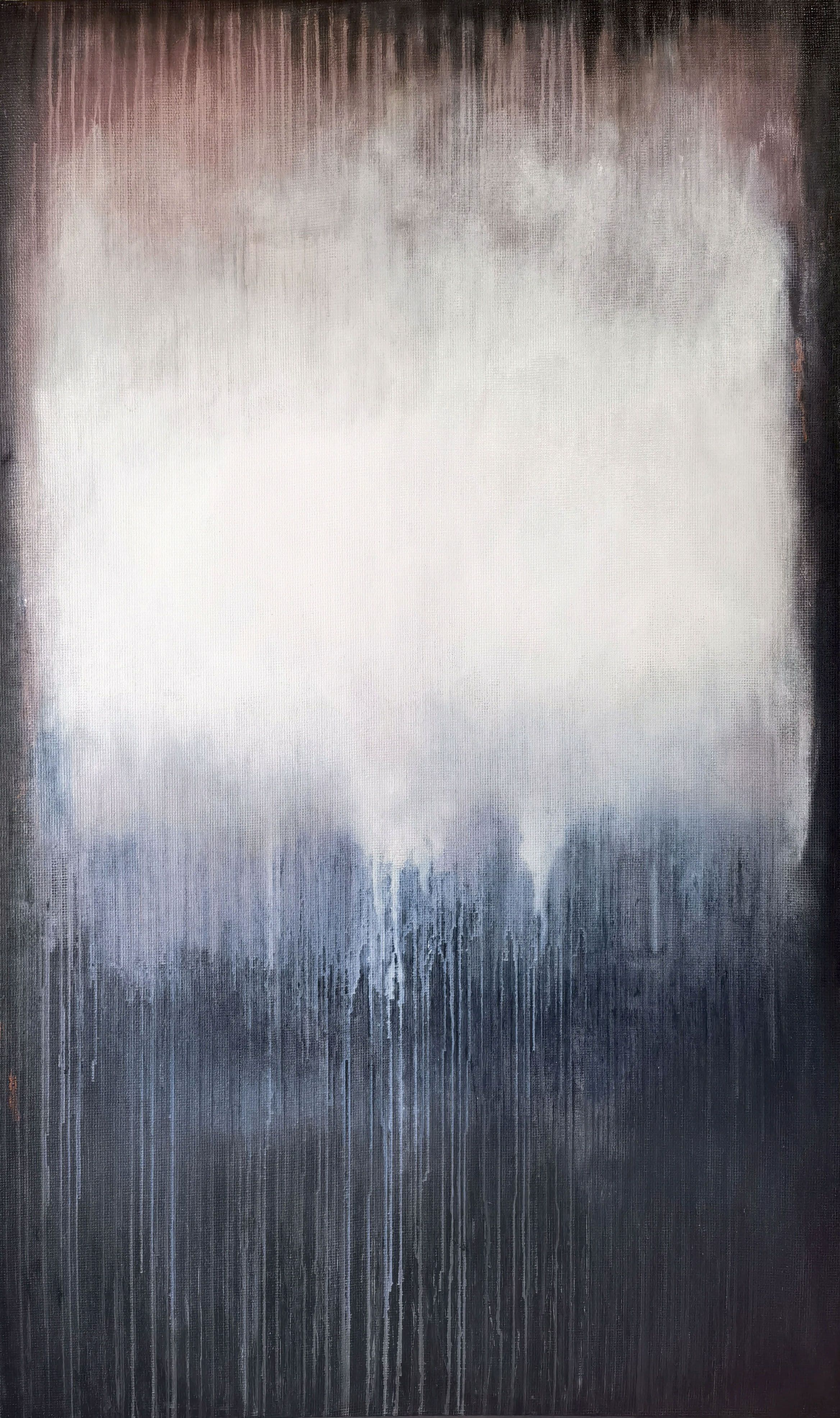 Abstract painting in charcoal, ivory and rust red