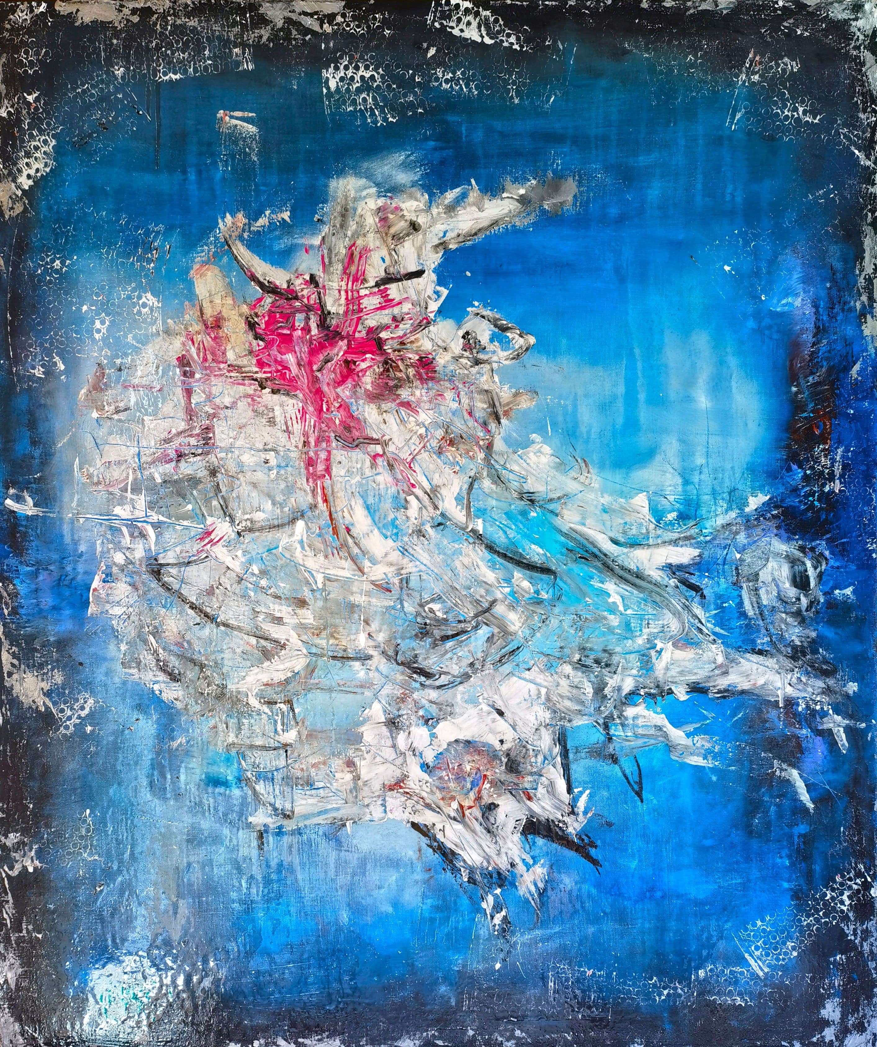 Abstract painting in charcoal, ivory and restrained rust