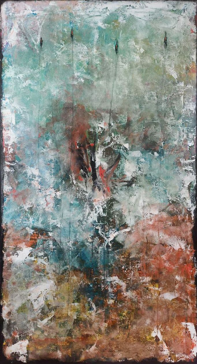Warm ivory abstract painting with black marks