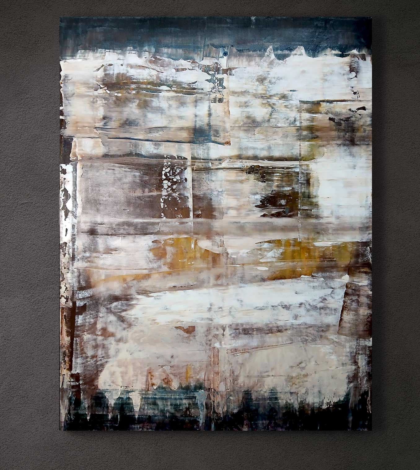 Layered dark abstract work in rust, ochre and ivory