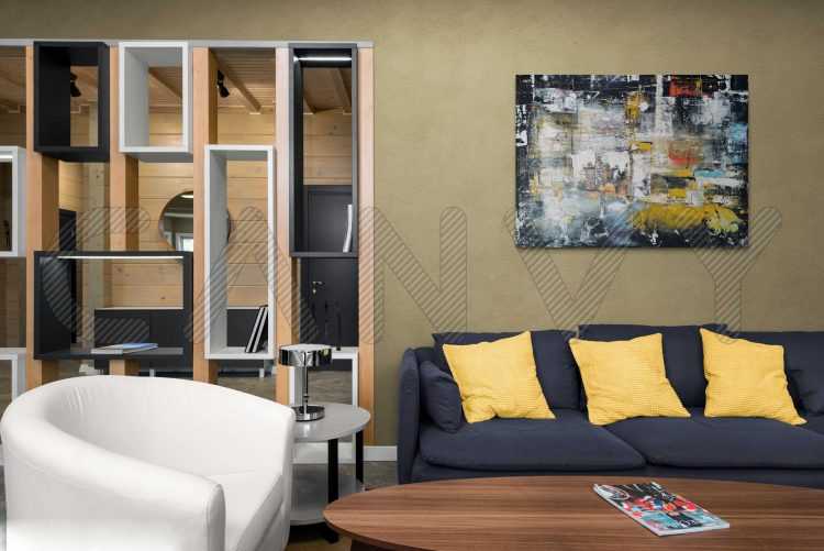 Living room with geometric wood shelving 2