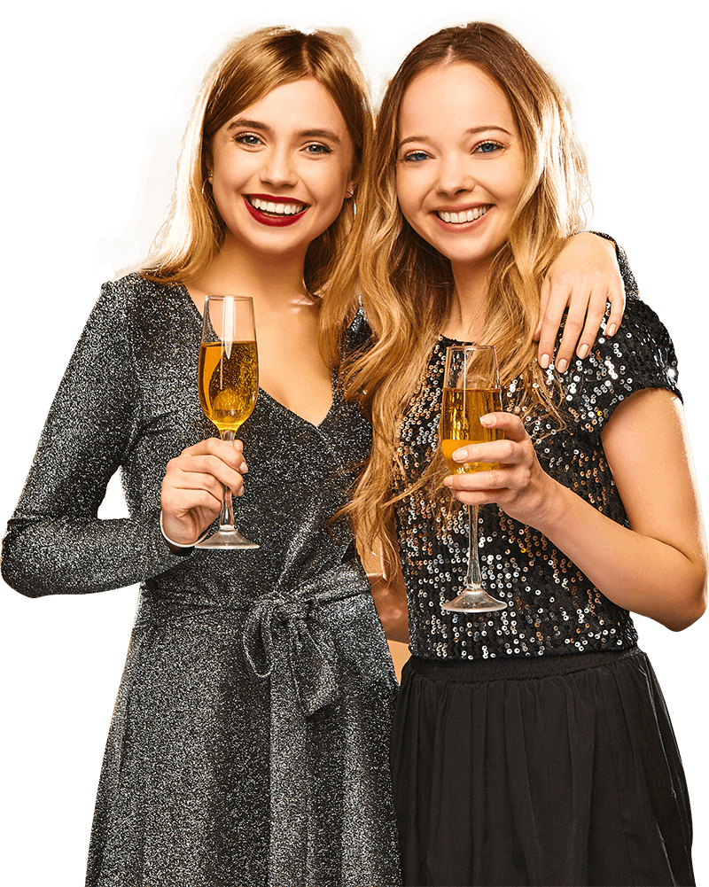 Happy smiling women stylish glamorous dresses with champagne glasses golden wall.png